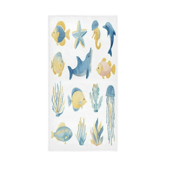 Bath Towel Single-Sided Printed Highly Absorbent Soft Quick Towel for Bathroom Spa Gym & Sports Cute Sea Animals Set Vector
