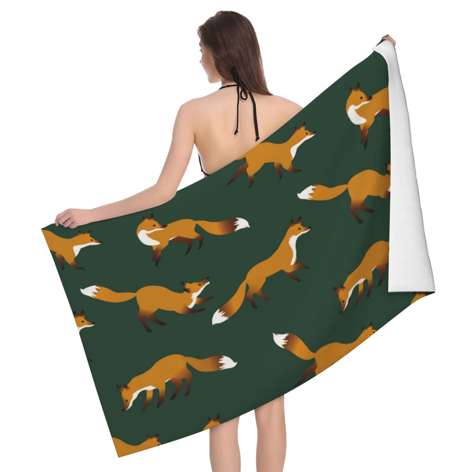 Bath Towel Towels for Bathroom, Dark Green Fox Print Large Bath