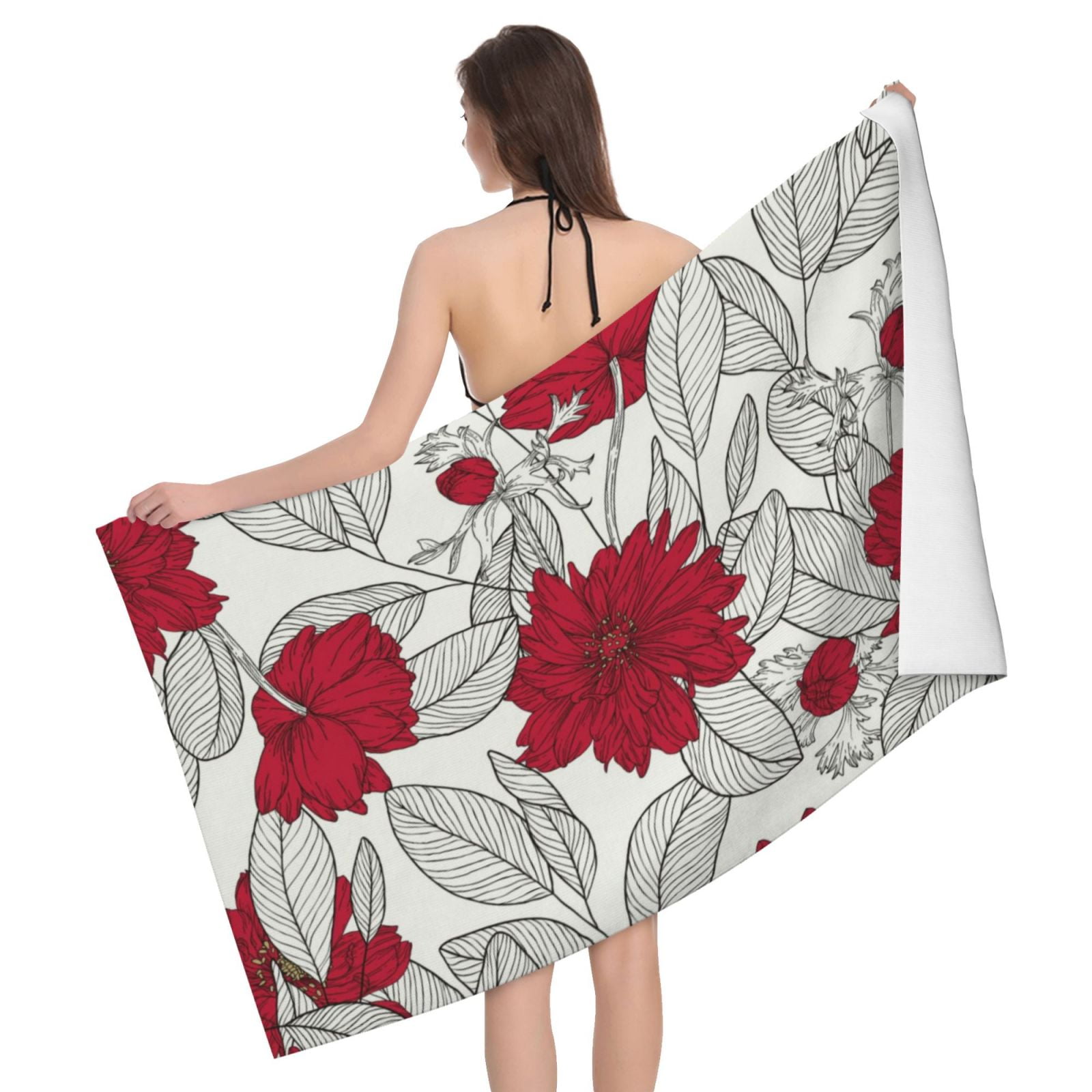 Bath Towel Towels for Bathroom, Leaves Anemone Flowers Red Grey Large