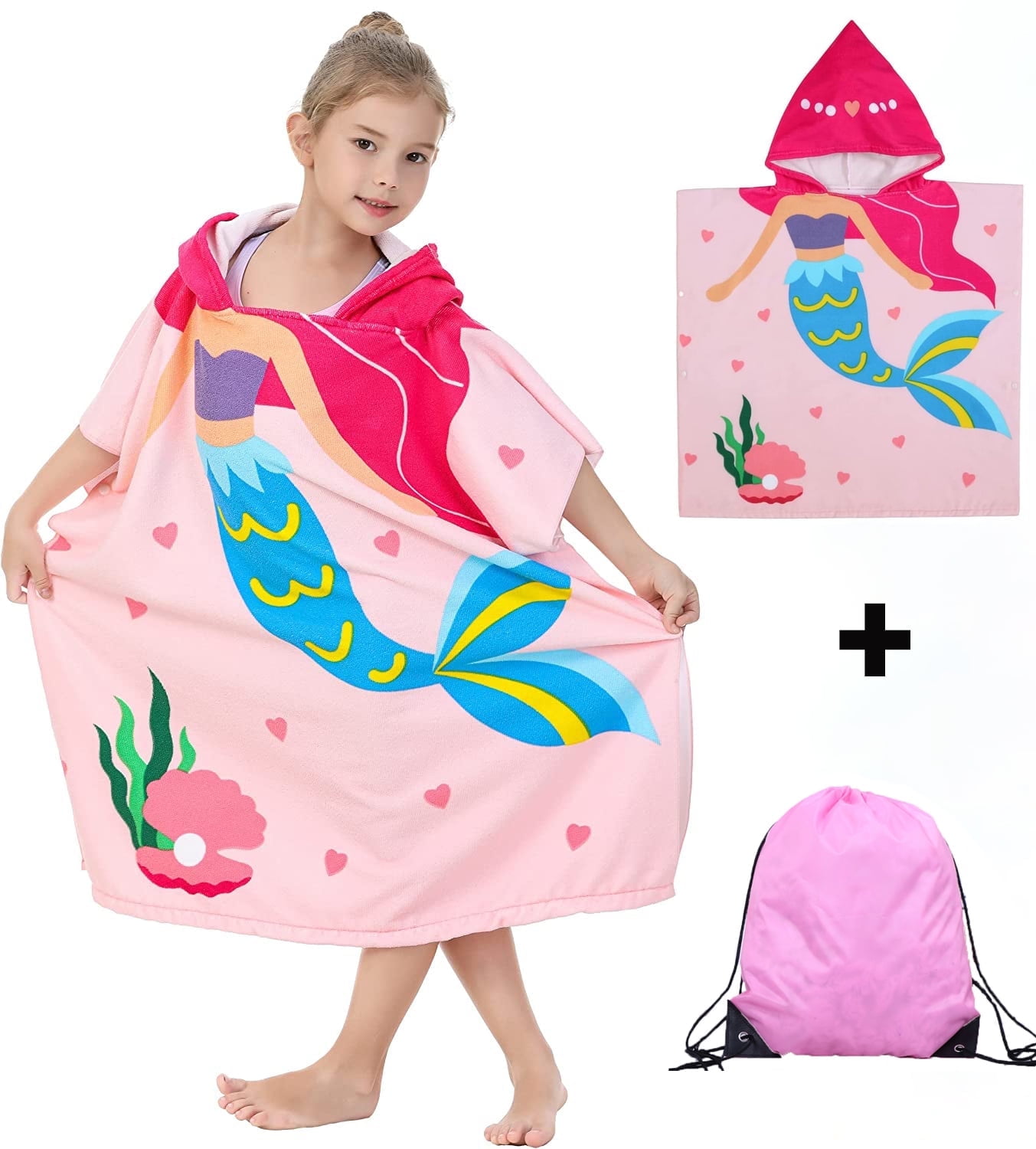 Bath Towel for Kids, Beach Towels for Kids Hooded Beach Towels Poncho for 3-6 Years Girls(Pink)