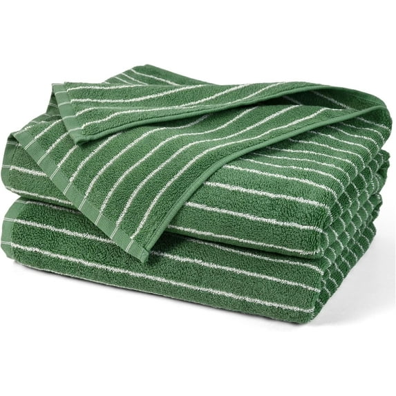 Bath Towels 2 Pack, Lighter & Quick Dry Towels Large 27.5 x 55 inches, Luxury Terry Cotton Towels for Bathroom Spa Swim, Forest Green & White Striped