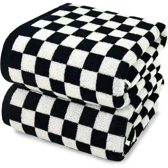 Bath Towels Black & White Checkered - 100% Cotton, 27.5" x 55", Soft & Absorbent & Quick Dry, Set of 2 Towels for Bathroom, Pool, Beach, Spa