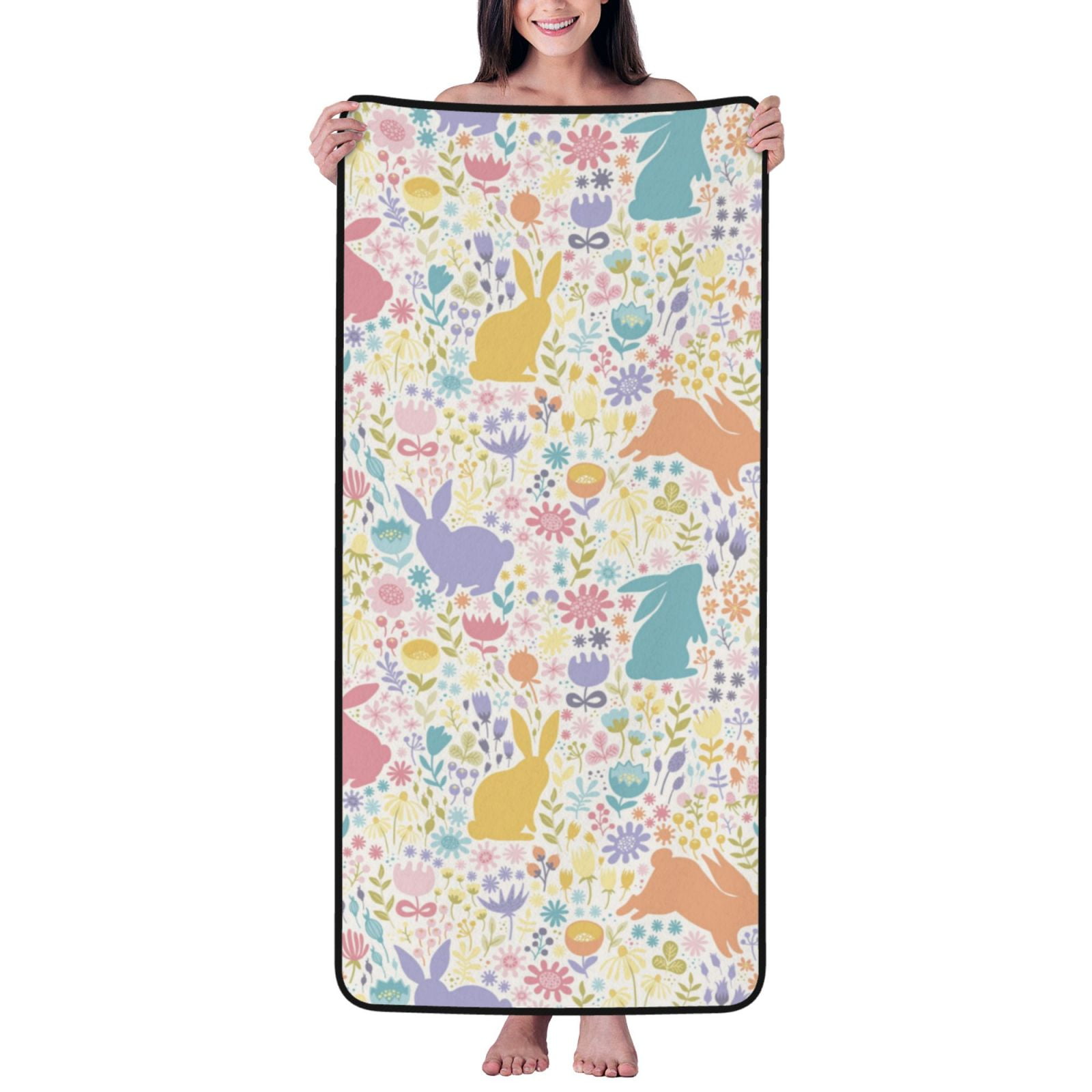 Bath Towels Colorful Bohemian Rabbit Flowers Coral Quick Drying Bath ...