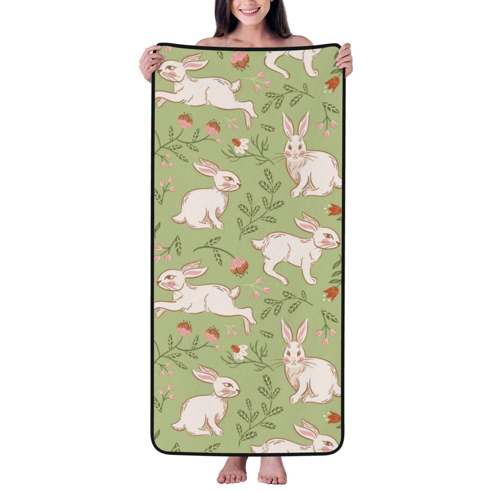 Bath Towels, Cute Funny Rabbit Rose Green Highly Absorbent Microfiber