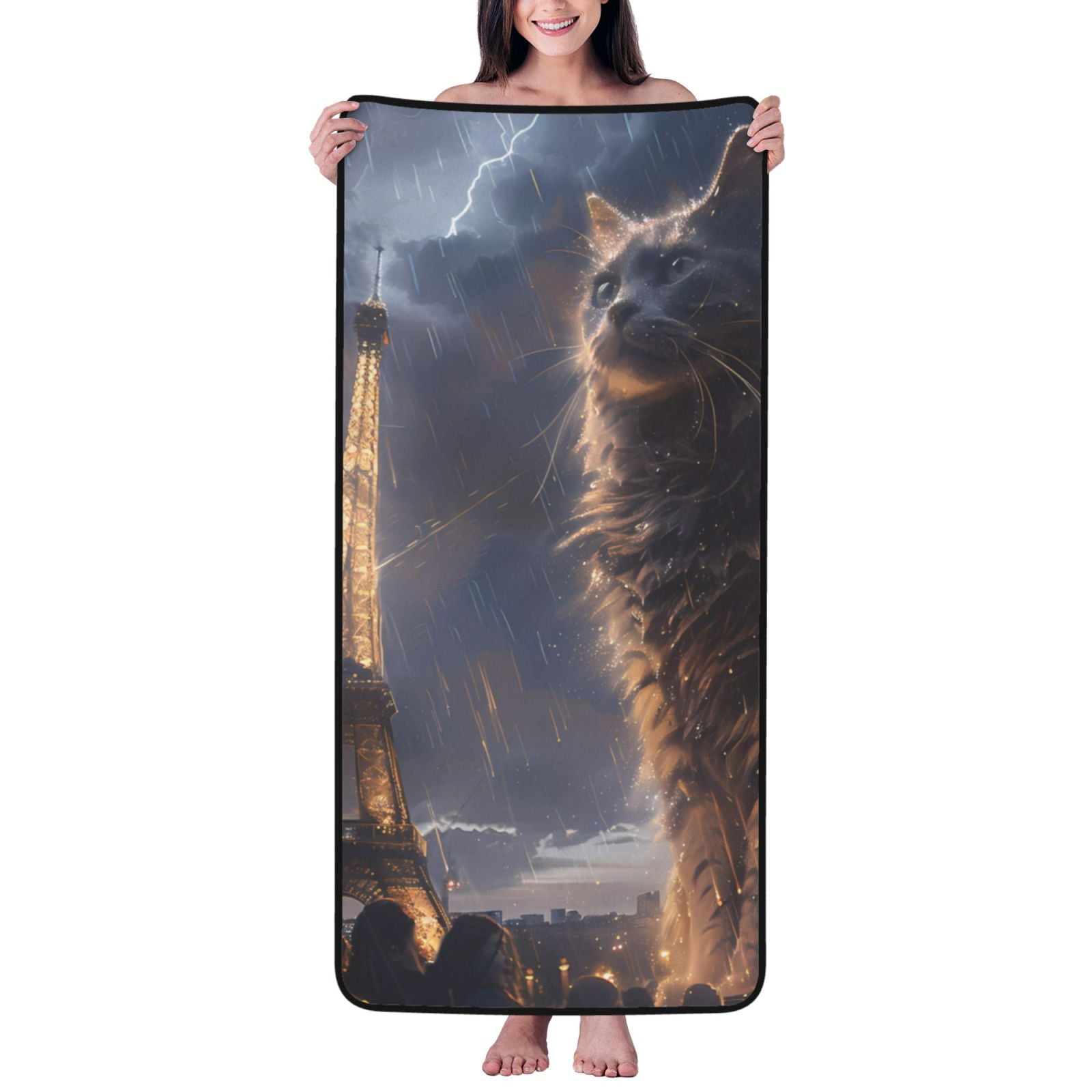 Bath Towels Giant Cat In Paris Rain Soft Absorbent Towels for