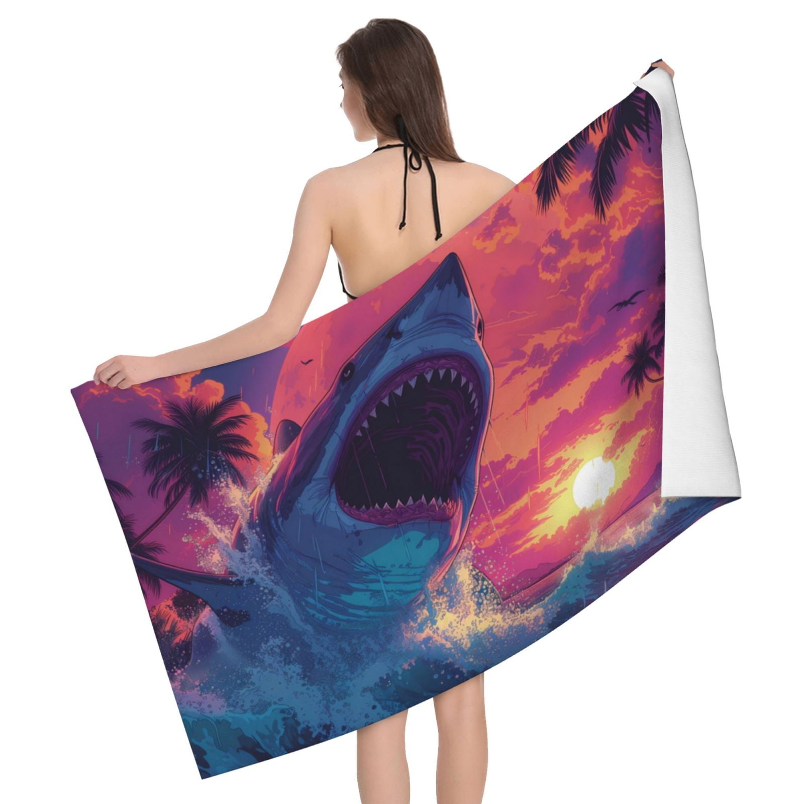 Bath Towels, Hawaiian Island Beach Shark Microfiber Towel for Bathroom