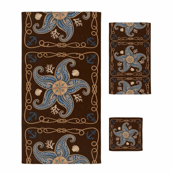 Bath Towels Set of 3 Brown Nautical Starfish Bath Towel Hand Towel Washcloth Soft Absorbent Quick Dry Coastal Shell Coral Anchor Rope Towel Sets for Bathroom Kitchen Beach Pool Gym Hotel Spa