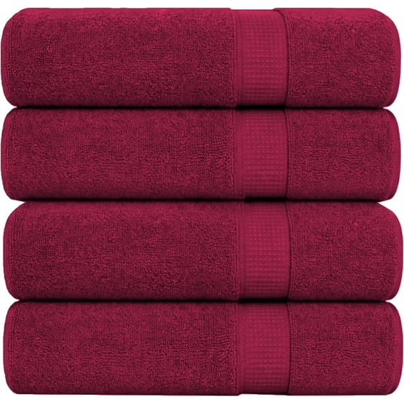 Bath Towels Set 4 Pack 27 x 54 Inches 100% Ring-Spun Cotton Soft Absorbent Dobby Border Red Wine
