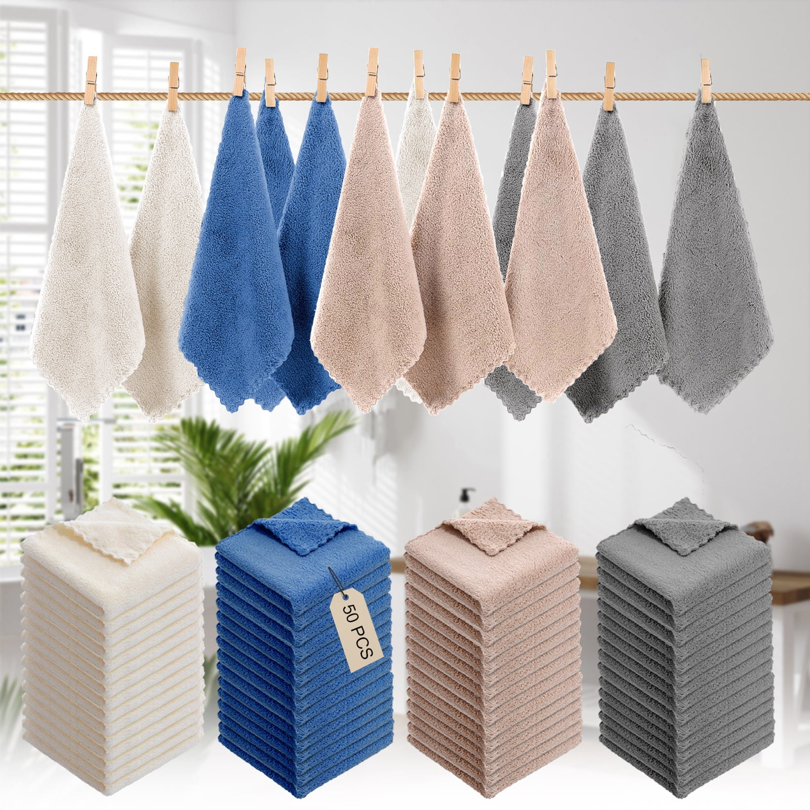 Bath Towels Set 50 Pack | Cotton Soft Absorbent Face & Hand Towels | Thick Durable Wash Cloths for Bathroom Spa Dorm Hotel Salon | 11.8x11.8 in | Multiple Colors | Home Gift Towels