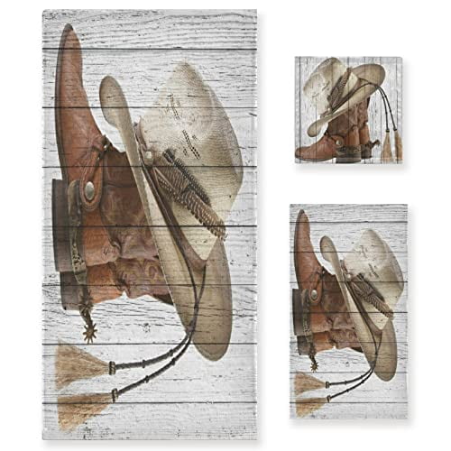 Bath Towels Set for Bathroom,Western Cowboy Boots Country Rustic Wooden