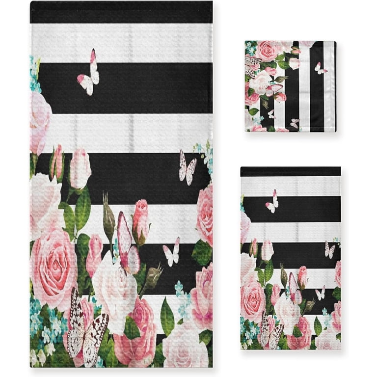 Moslion Floral Bath Towel - Pink Peony & Rose Design On Black White Stripes, Soft Microfiber, 32x64 Inches