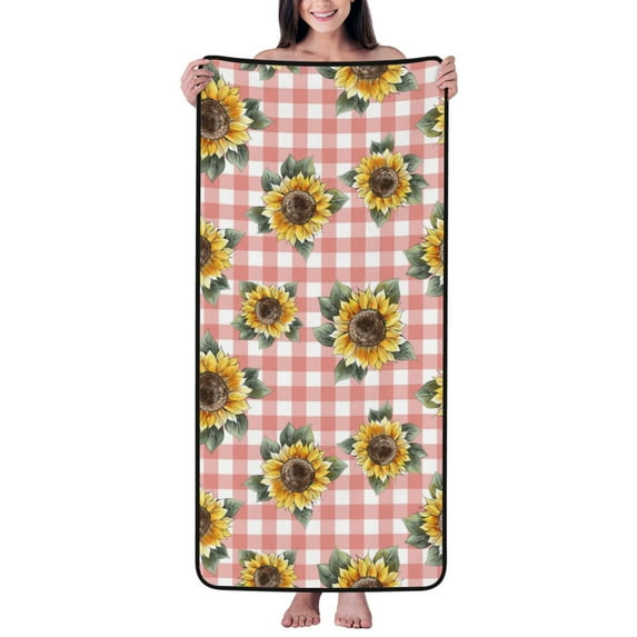 Bath Towels, sunflowers checkered pink plaid Highly Absorbent Towels for Bathroom - Quick Drying Microfiber Bath Sheet Turkish Bath Towel for Bathroom Hotel Sport Yoga SPA Gym