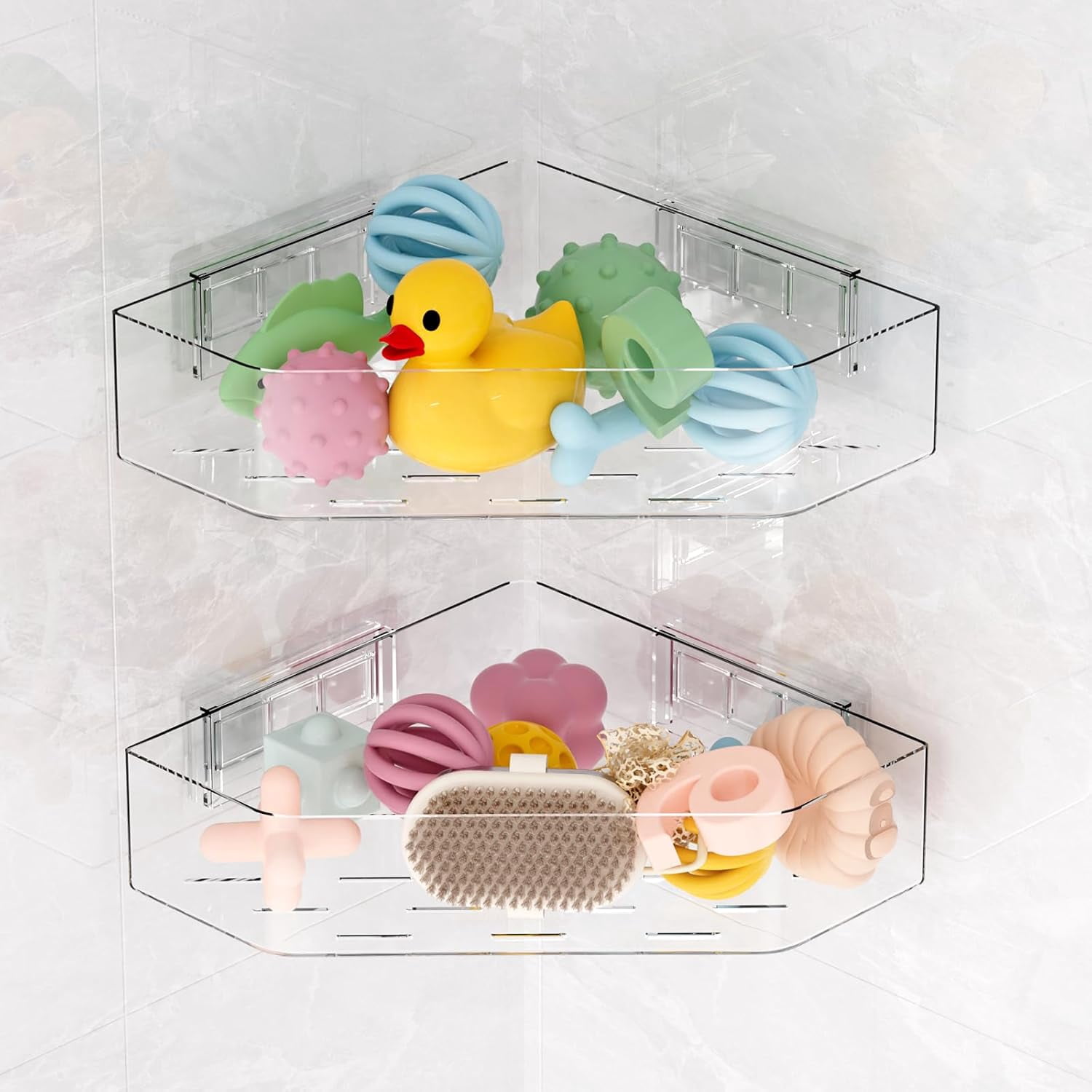 Bath Toy Organizer 2-Pack - Clear Large Capacity Storage Holder with Quick-Dry Holes, Space-Saving Corner Shower Caddy for Bathroom & Kitchen