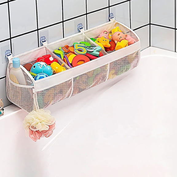 Bath Toy Organizer, Bath Toys For Kids, Bathroom Shower Caddy, Hanging Bathroom Organizer, 24X8 In, Beige Mesh, Open Pockets, Wall Mounted, 4 Pc Hooks, 1 Unit