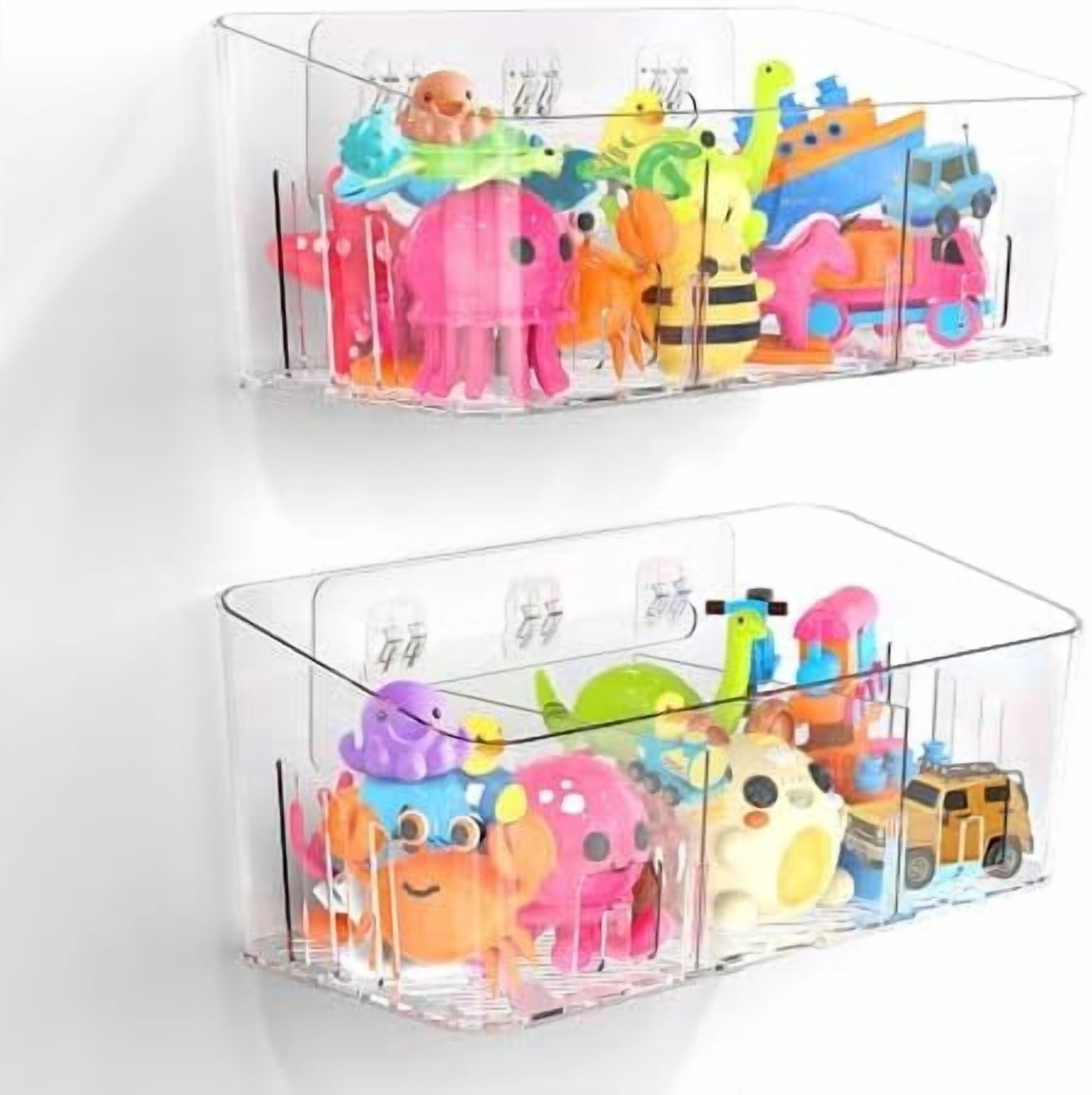 Bath Toy Storage 2 Packs, Large Holder with 3 Compartment, Quick Dry Bathtub Organizer, Tub Net, Shower Basket & Bin, Bathroom Accessories for Baby,Toddler,Kids（Clear）