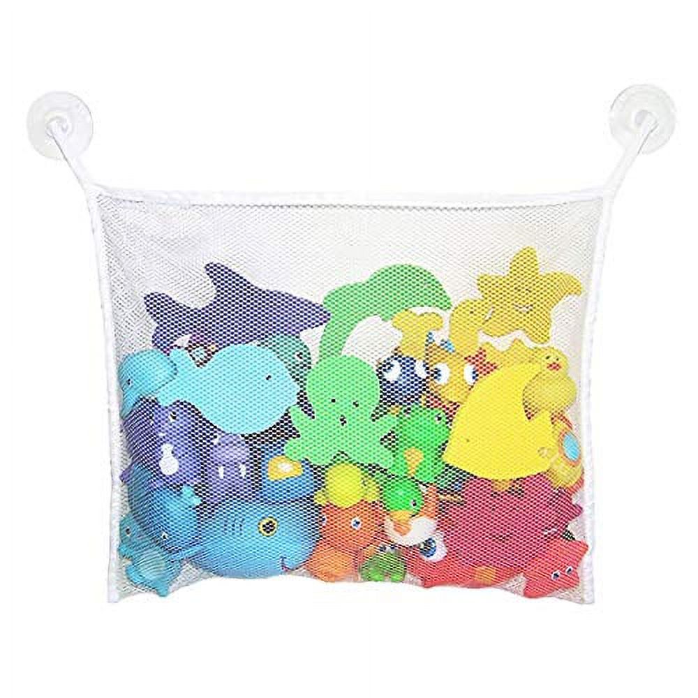 Bath Toy Storage - Hanging Bath Toy Holder, with Suction & Adhesive Hooks, 14"x14.5" Mesh Net Shower Caddy for Kids Bathroom Decor, Bedroom & Car Toy Organizer