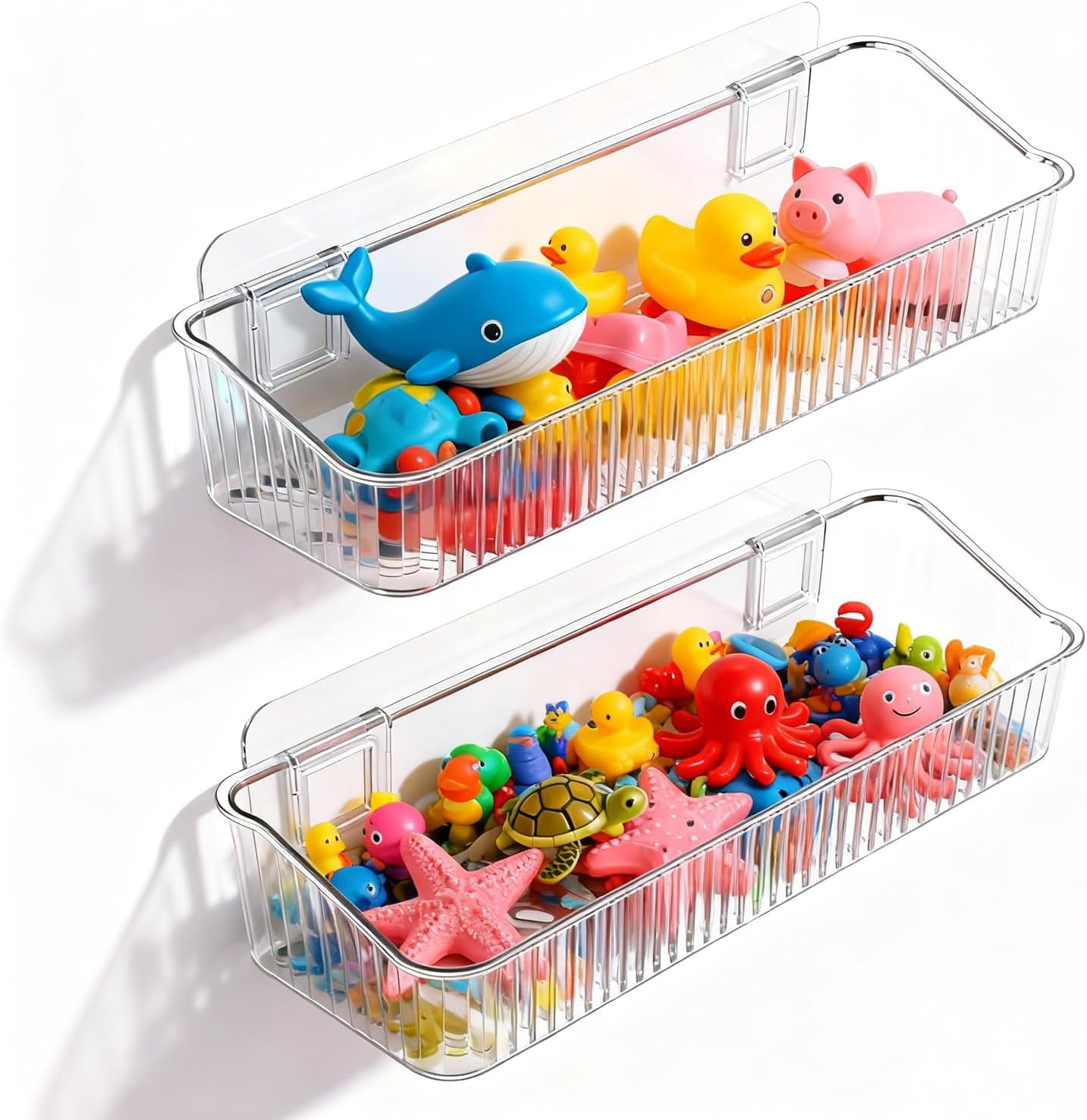 Bath Toy Storage Organizer with Drain Holes, Large Capacity Adhesive Shower Caddy, Quick-Dry Clear Plastic Bath Toy Holder, Easy to Install and Clean (2 Pack)