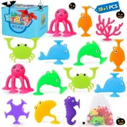 Bath Toy for Kid Age 4-8, 18PCS Baby Suction Cup Toys,Silicone Ocean Animal Suction Cups with Mesh Storage Bag,Boys Girls Birthday Halloween Gifts