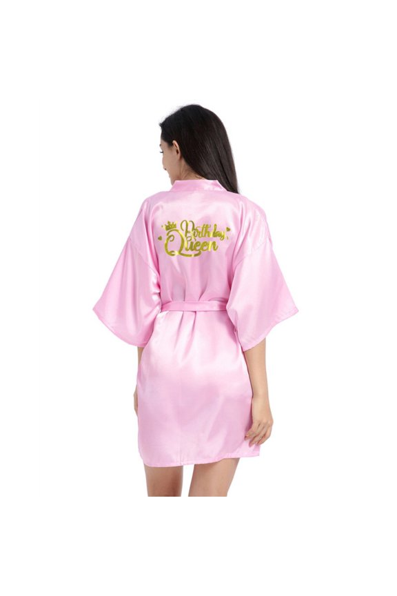 LYMAYTER Women Summer Bathrobes Silk Foil Letter Short Robes Birthday Party Kimono Bathrobe S-2XL