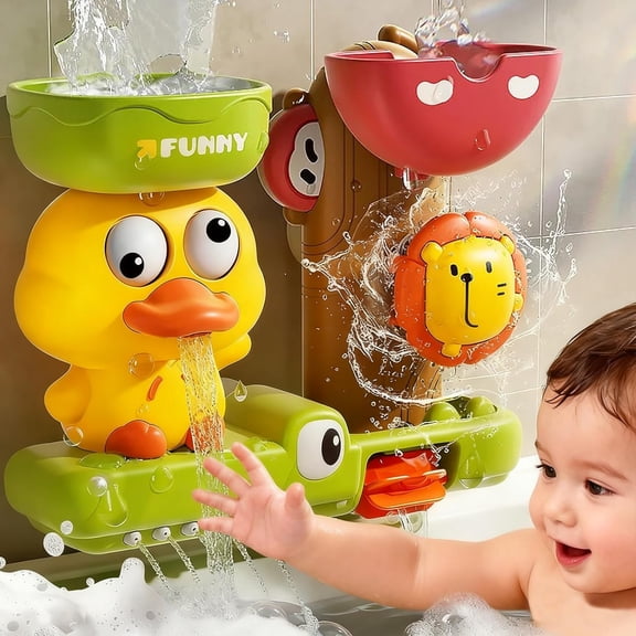 Bath Toys for Toddlers 1-3, Suction Cup Water Toy with Spinning Gears and Squirting Duck, Interactive Sensory Bathtub Toy Gift for Boys Girls