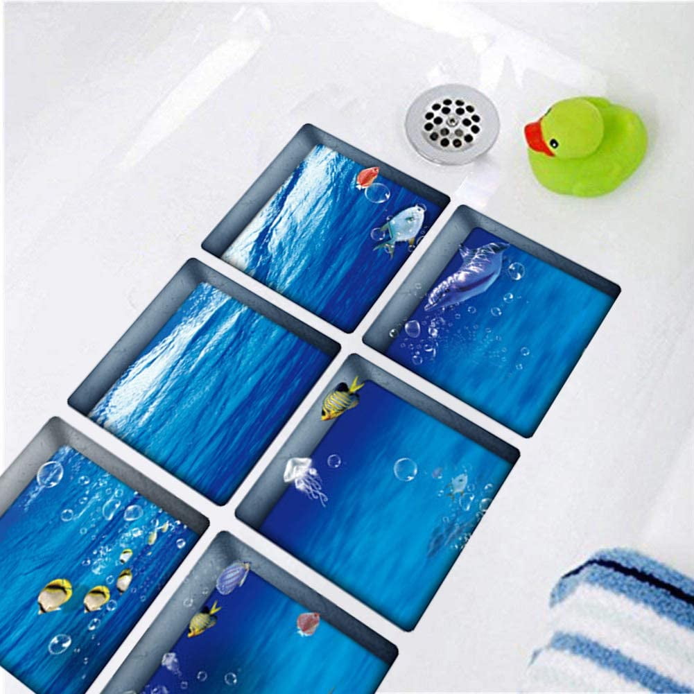 Bath Treads Stickers Beach Pattern Square 3D Adhesive Anti Slip Tub Tattoos Safety Decals Mat