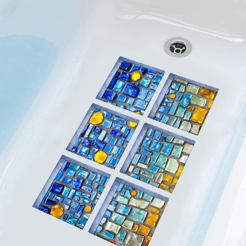Bath Treads Stickers Beach Pattern Square 3D Adhesive Anti Slip Tub