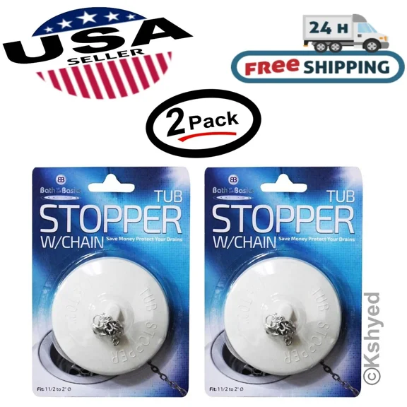 Bath Tub Drain Stopper With Chain Rubber Material (2 Pack), White Color - New