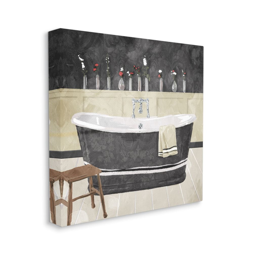 Bath Tub Interior Design Black And White Painting Typography Gallery-Wrapped Canvas Print Wall Art, 17x17
