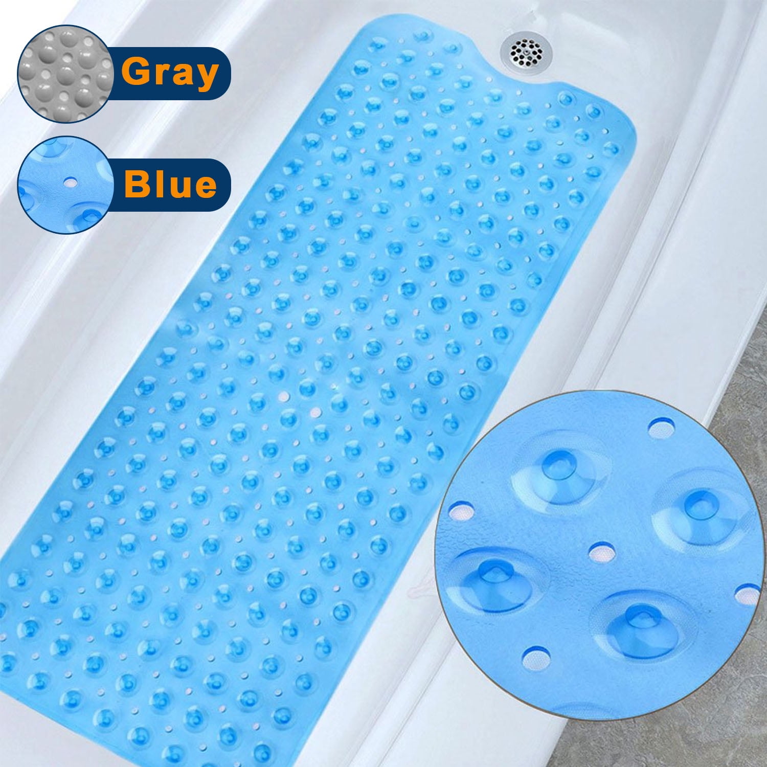 Semfri Bath Tub Shower Mat Non Slip Shower Floor Mats for Bathroom Bath Tub Washable with Drain Holes and Suction Cups 16 X35 inch Clear Gray, Size