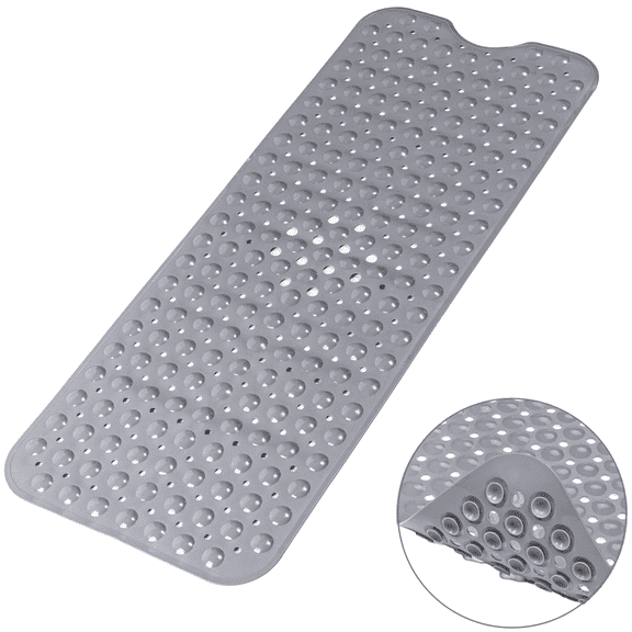 Gogcaro Bath Tub Shower Mat, 40" x 16" Extra Long Shower Mats with Suction Cups & Drain Holes, Machine Washable, Non Slip, Gray
