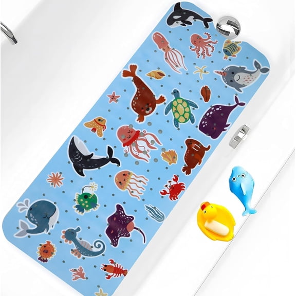 Bath Tub Shower Mat Non Slip Bathtub Mat Anti Slip Bath Mat for Tub 40 x 16 Inch Extra Long Toddler Bath Mat with Suction Cups and Drain Holes for Bathroom Floor,Seahorse Seaturtle