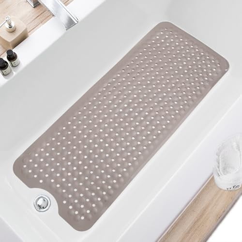Bath Tub and Shower Mats, Non Slip 40 x 16 Inch Extra Long Bathtub Mat, Machine Washable Bathmat with Drain Holes, Suction Cups for Bathroom Floor, Tan