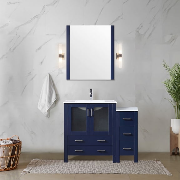 Bath Vanity, 42 in. W x 18.25 in. D, Navy Blue Wood Bathroom Cabinet with White Ceramic Top, Soft Close 5 Drawers, Side Storage and 28 in. Matching Mirror for Master Bath or Guest Room