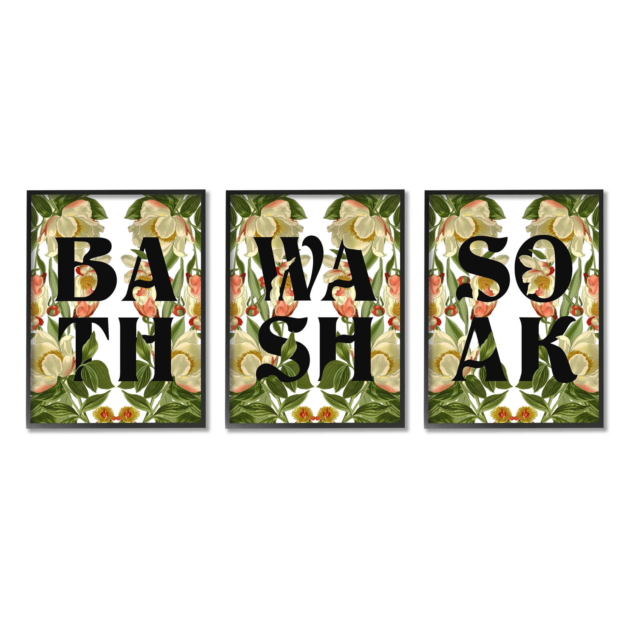 Bath Wash Soak Floral Bathroom Botanical & Floral Graphic Art Black Framed Art Print Wall Art, Set of 3