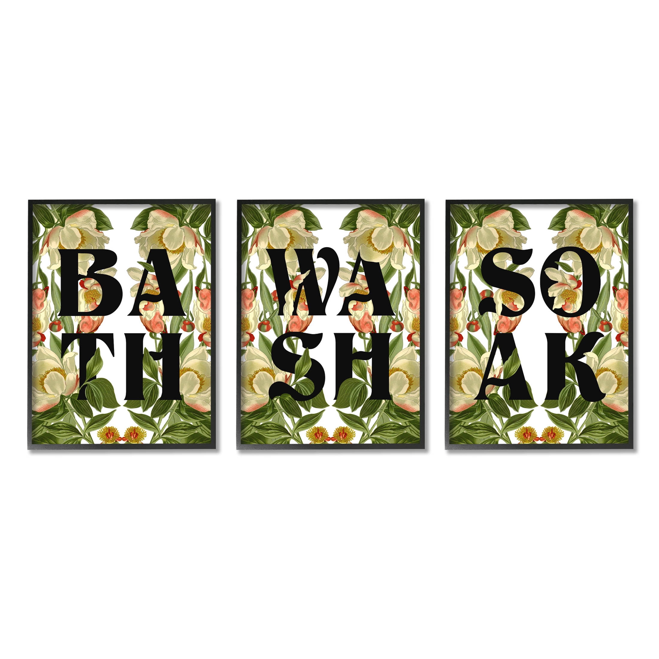 Bath Wash Soak Floral Bathroom Botanical & Floral Graphic Art Black Framed Art Print Wall Art, Set of 3