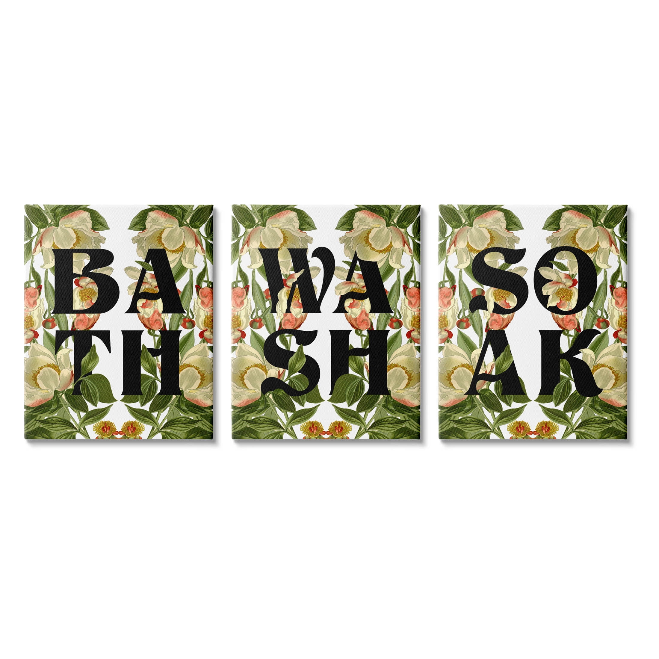 Bath Wash Soak Floral Bathroom Botanical & Floral Graphic Art Gallery Wrapped Canvas Print Wall Art, Set of 3