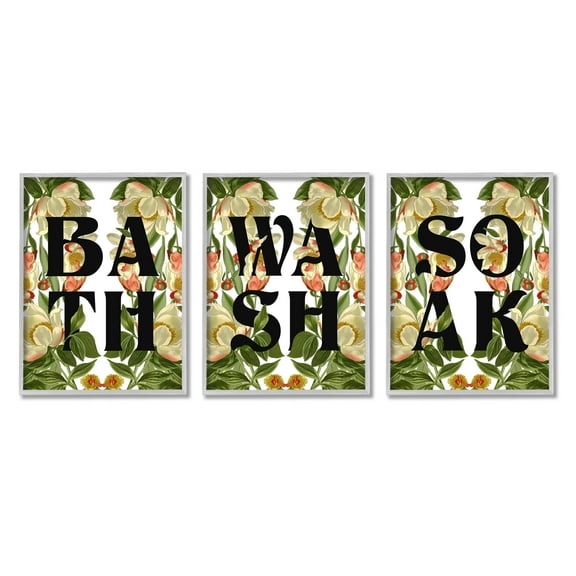 Bath Wash Soak Floral Bathroom Botanical & Floral Graphic Art Gray Framed Art Print Wall Art, Set of 3