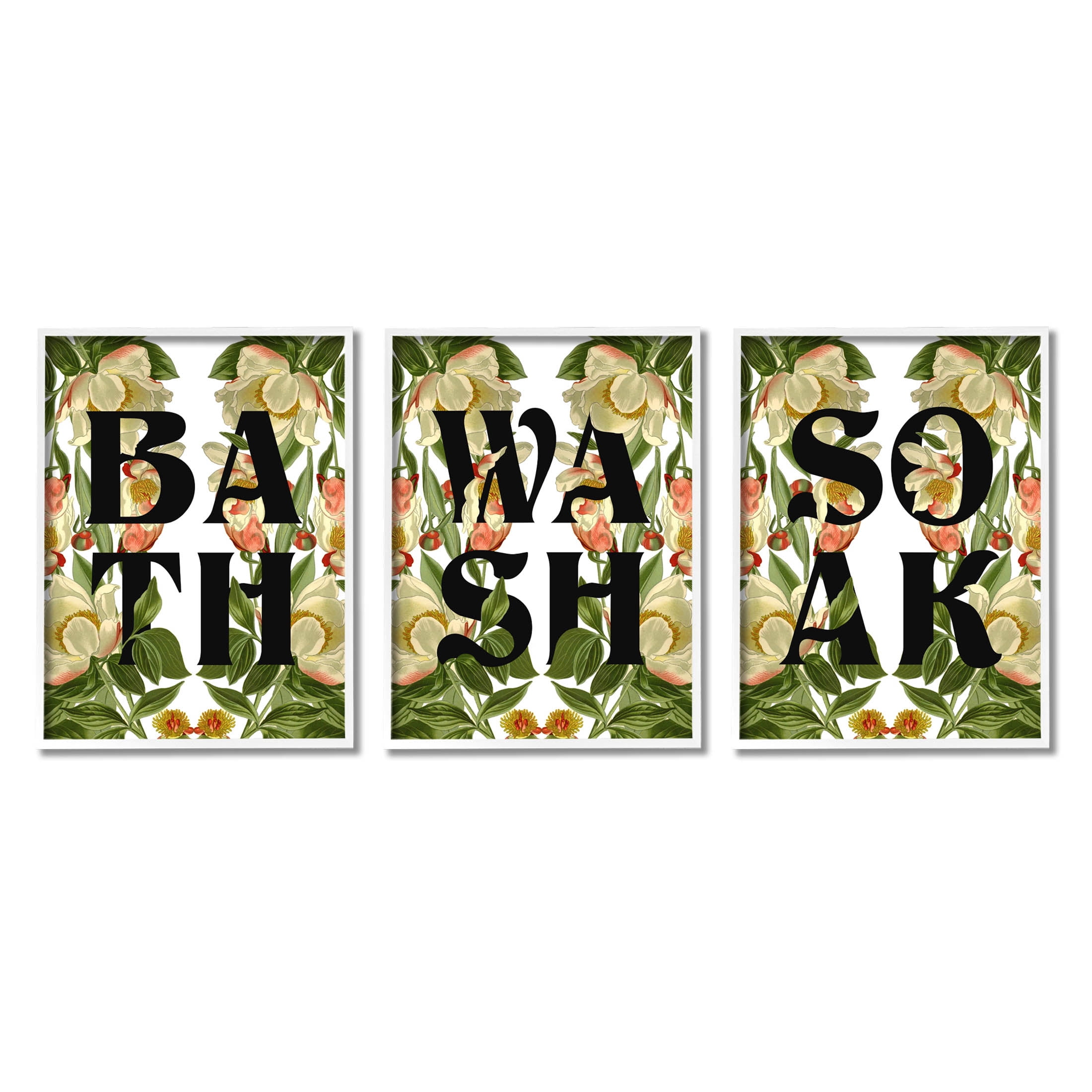 Bath Wash Soak Floral Bathroom Botanical & Floral Graphic Art White Framed Art Print Wall Art, Set of 3