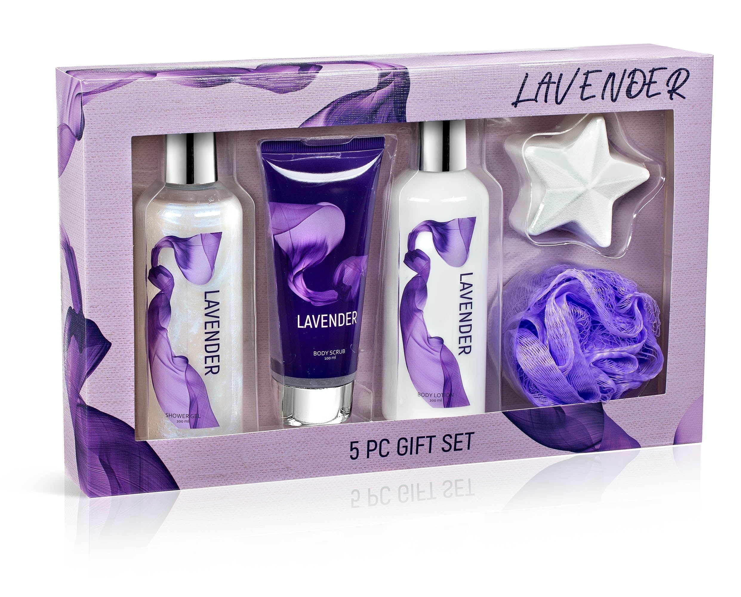 Lavender Bath and Body Gift Set for Women  5pc Relaxing Aromatherapy Spa Basket with Shower Gel, Body Lotion, Scrub, Fizzer & Sponge  Lavender Scented Gift Set for Her