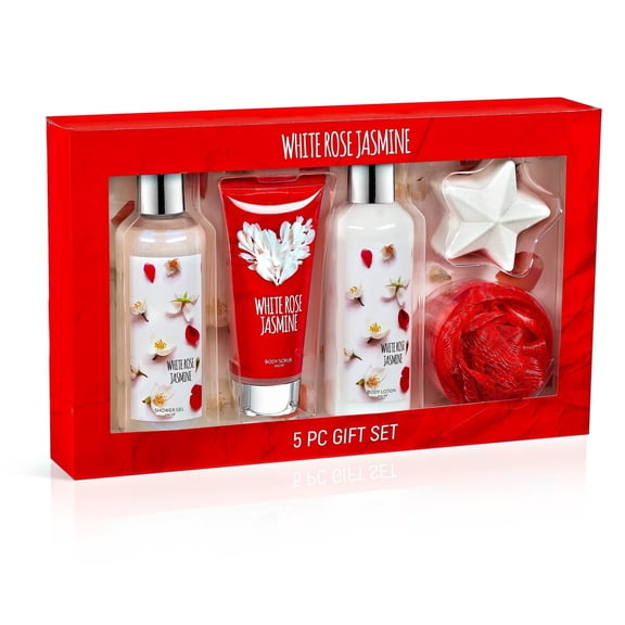 White Rose & Jasmine Bath and Body Gift Set for Women with Lotion, Body Wash, Bath Salt – Self Care Gift Set for Her – Relaxing Floral Scent Valentines Gift