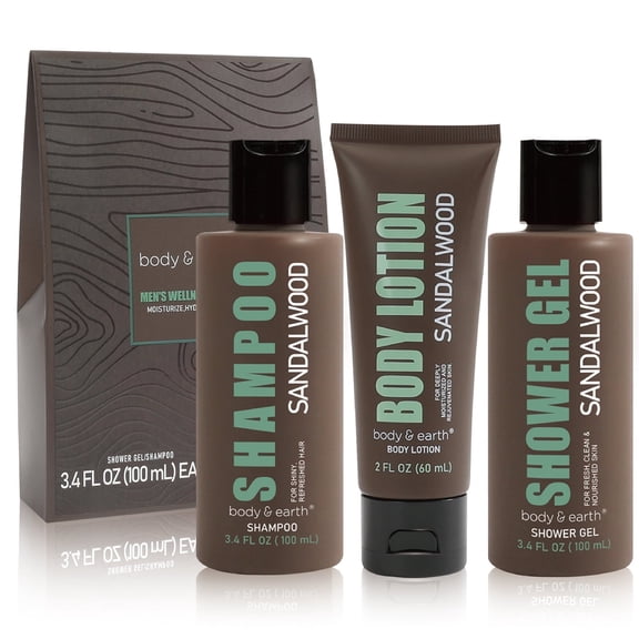Bath and Body Care Gift Sets for Men - Sandalwood Home Spa Baskets with Shower Gel, Body Lotion, Shampoo, Valentine's Day Birthday Gifts for Him