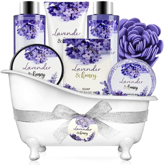 Body & Earth Bath Gift Sets for Women, 8 Pcs Lavender & Honey Spa Baskets, Beauty Birthday Mothers Day Gifts Idea for Mom