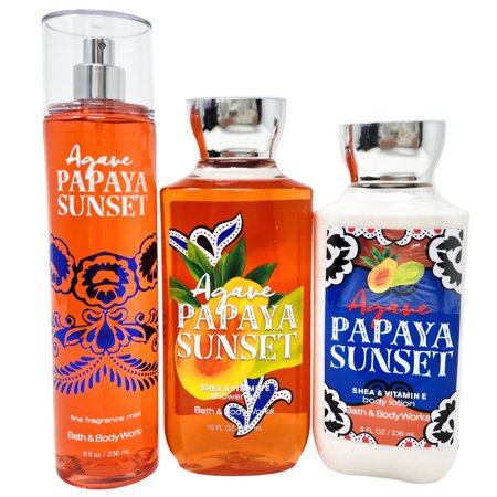 Bath and Body Works Agave Papaya Sunset Daily Trio - Shower Gel, Body Lotion, Fine Fragrance Mist - Full Size