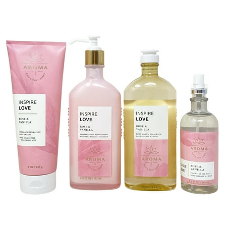 Bath and Body Works Aroma Inspire Love Rose & Vanilla Deluxe Gift Set - Body Cream - Body Lotion - Body Wash- Essential Oil Mist - Full Size