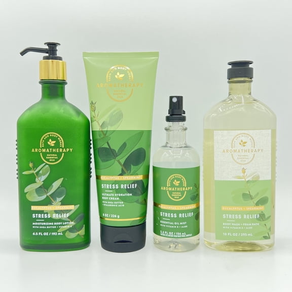Bath and Body Works Aromatherapy Stress Relief Eucalyptus Spearmint Body Lotion, Body Cream, Essential Oil Mist and Body Wash 4-Piece Bundle