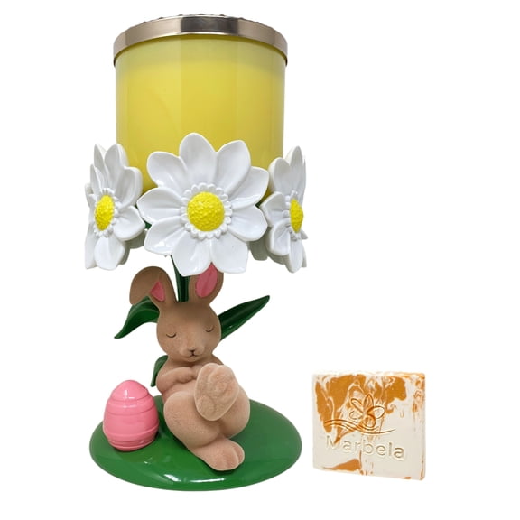 Bath and Body Works Bunny Bouquet Pedestal 3-Wick Candle Holder with a Peach Gardenia Mini Soap