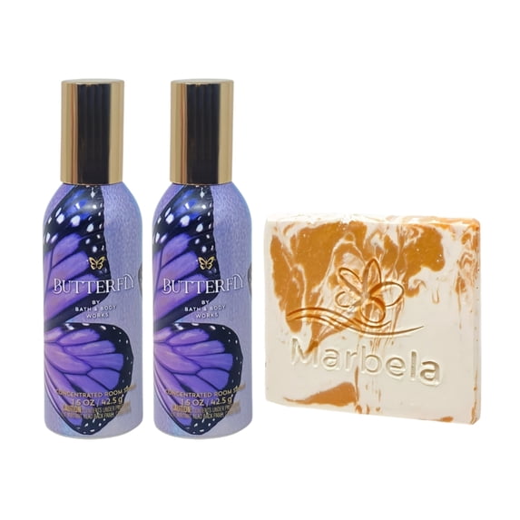 Bath and Body Works Butterfly 2 Concentrated Room Sprays with a Peach Gardenia Mini Soap