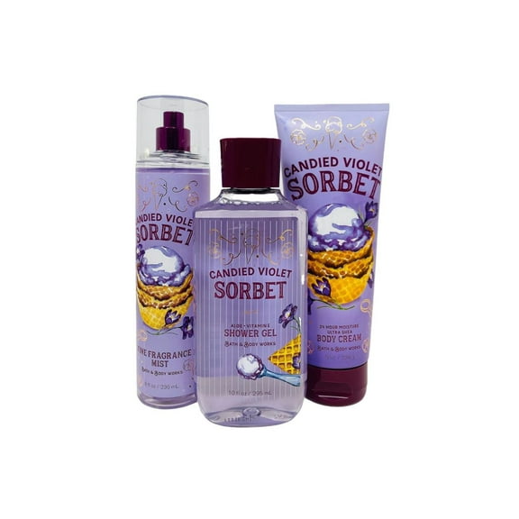 Bath and Body Works CANDIED VIOLET SORBET Trio Gift Set Fine Fragrance Mist, Shower Gel and Ultra Shea Body Cream Full Size