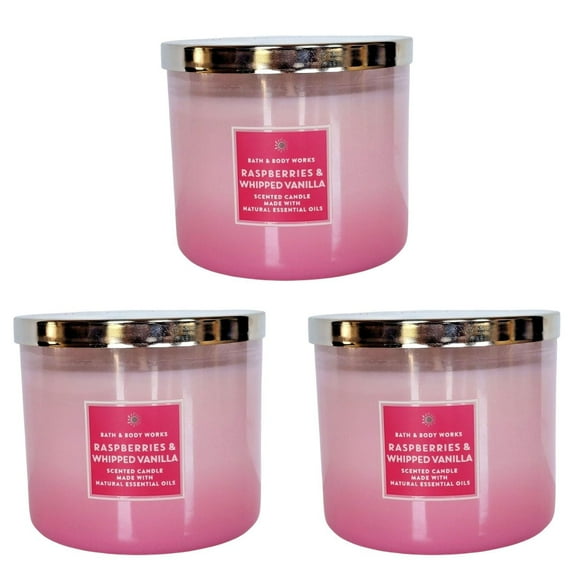 Bath and Body Works Candle - (3 Pack) Raspberries & Whipped Vanilla 3-Wick Candle with Natural Essentail Oils (14.5 Oz / 411 g)