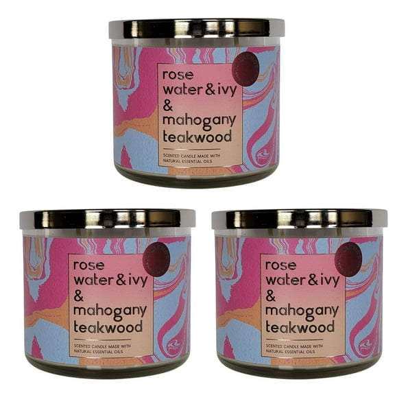 Bath and Body Works Candle -(3 Pack) Rose Water & Ivy & Mahogany Teakwood Scented 3-Wick Candle with Essential Oils (14.5 Oz / 411 g)